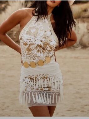 12th Tribe- Like Gold Dust White Sequin Fringe Dress